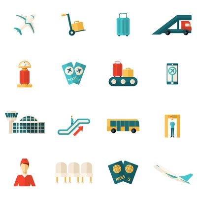 Airport icons flat set with passenger lounge security check and airplane isolated vector illustration
