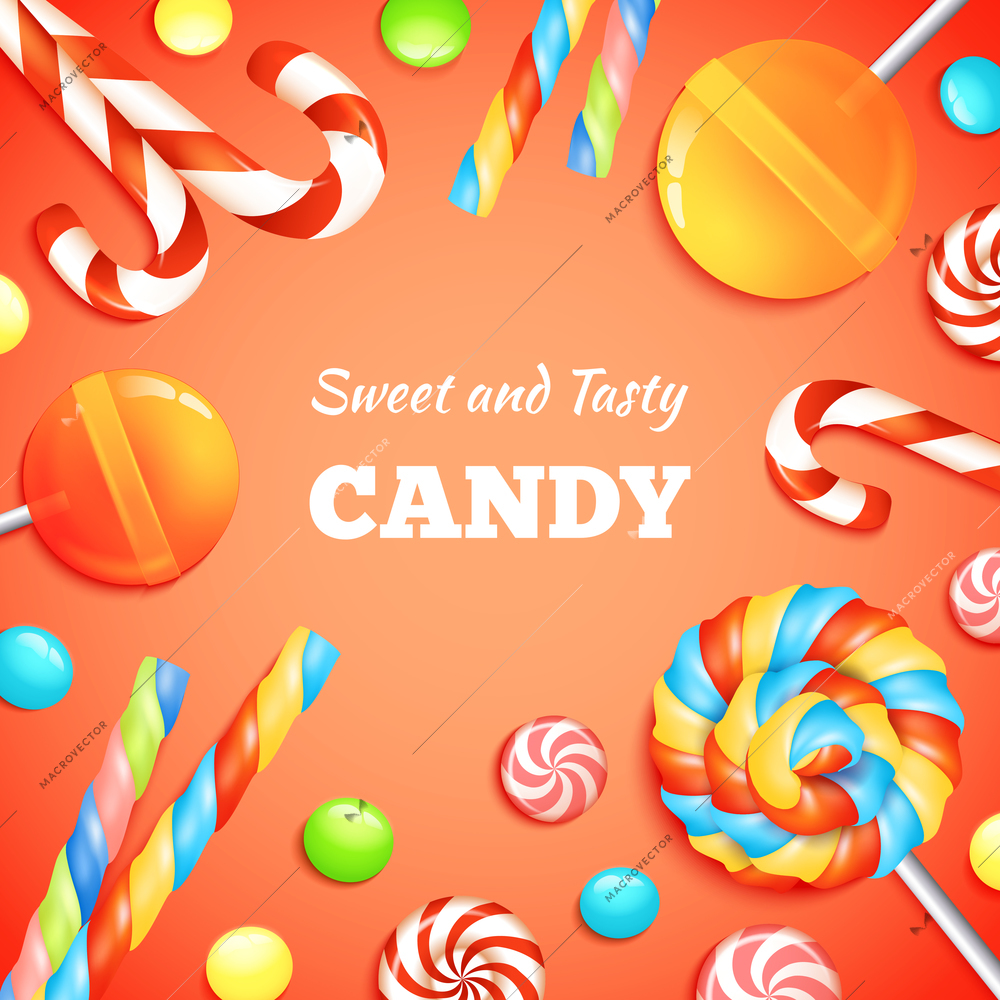Sweets background with realistic candies lollipops and bonbons vector illustration