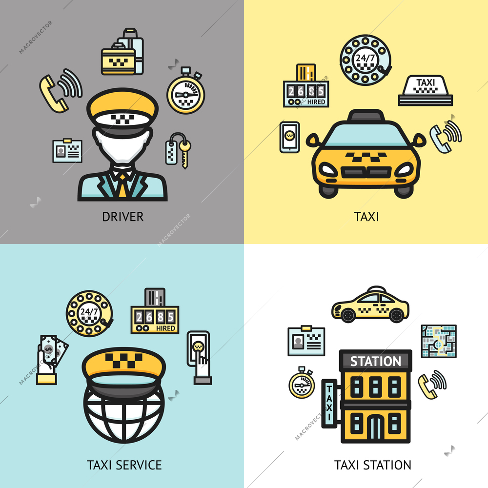 Taxi station 24h available call service 4 flat icons composition with professional driver abstract isolated vector illustration