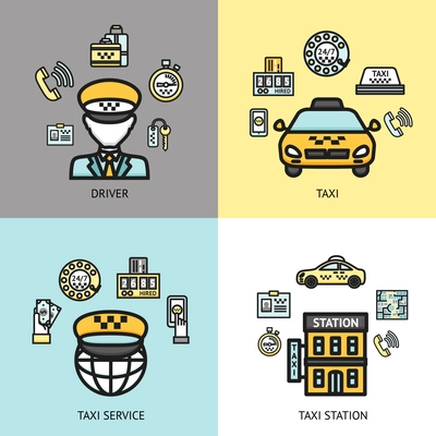 Taxi station 24h available call service 4 flat icons composition with professional driver abstract isolated vector illustration