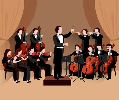 Symphonic orchestra with conductor violins chello and trumpet musicians flat vector illustration