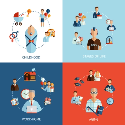 Stages of life design concept set with childhood and aging flat icons isolated vector illustration