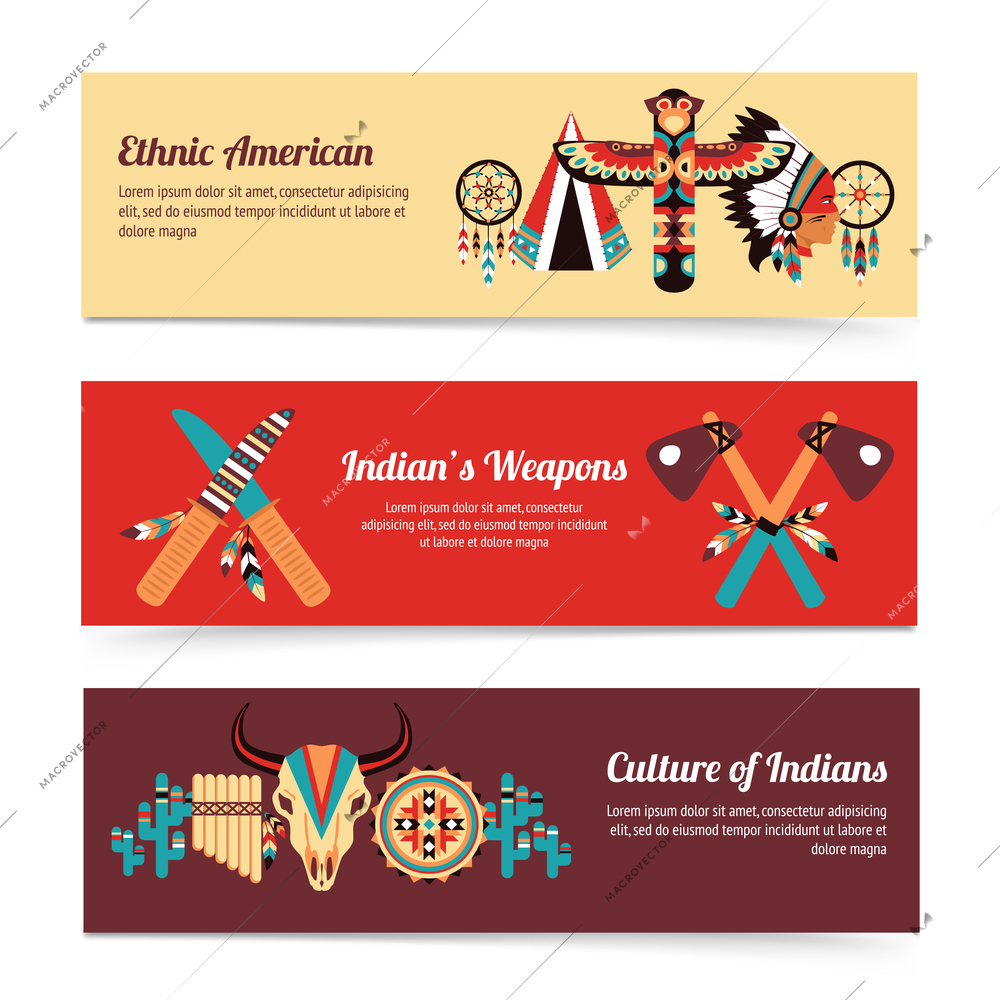 American indigenous people cultural concept horizontal banners set with traditional native tomahawk hatchet weapon abstract vector illustration