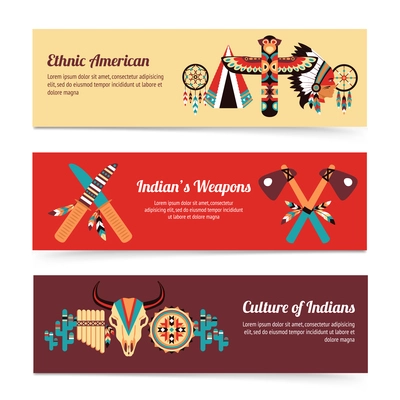 American indigenous people cultural concept horizontal banners set with traditional native tomahawk hatchet weapon abstract vector illustration