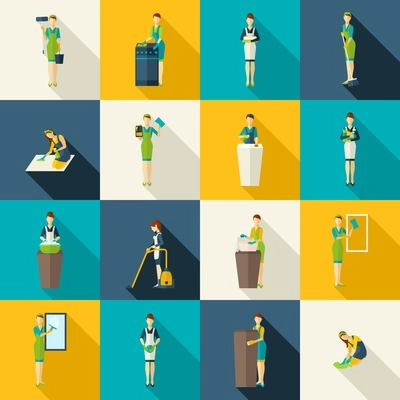 Cleaners in work with tools and equipment color with shadows flat icons set isolated vector illustration