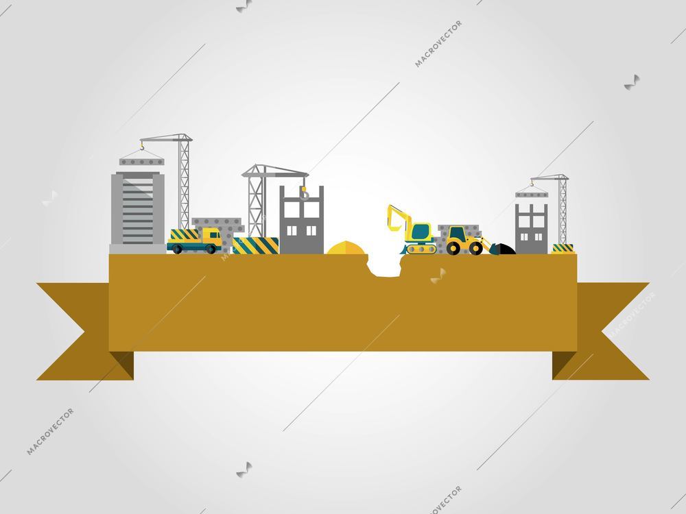 Building concept with flat construction site on ribbon banner vector illustration