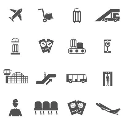 Airport black flat icons set with airplane tickets luggage check isolated vector illustration