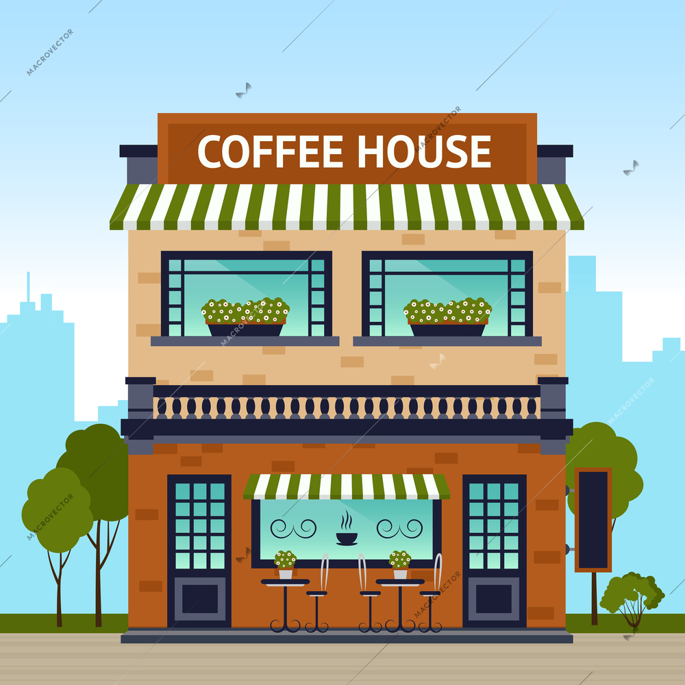 Coffee house building facade with city on background vector illustration
