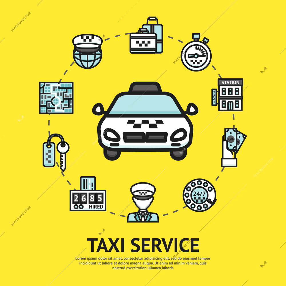 Taxi service concept with car driver and transportation decorative icons vector illustration