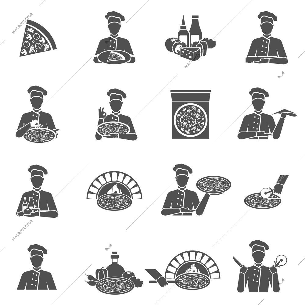 Pizza maker in restaurant flat black icons set isolated vector illustration