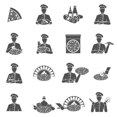 Pizza maker in restaurant flat black icons set isolated vector illustration