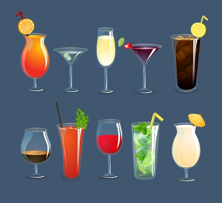 Alcohol drinks and cocktails in glasses decorative icons set isolated vector illustration