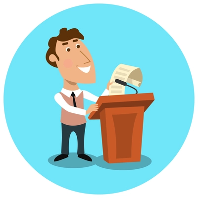 Business manager character with paper document making public presentation speech at tribune with microphone concept isolated vector illustration