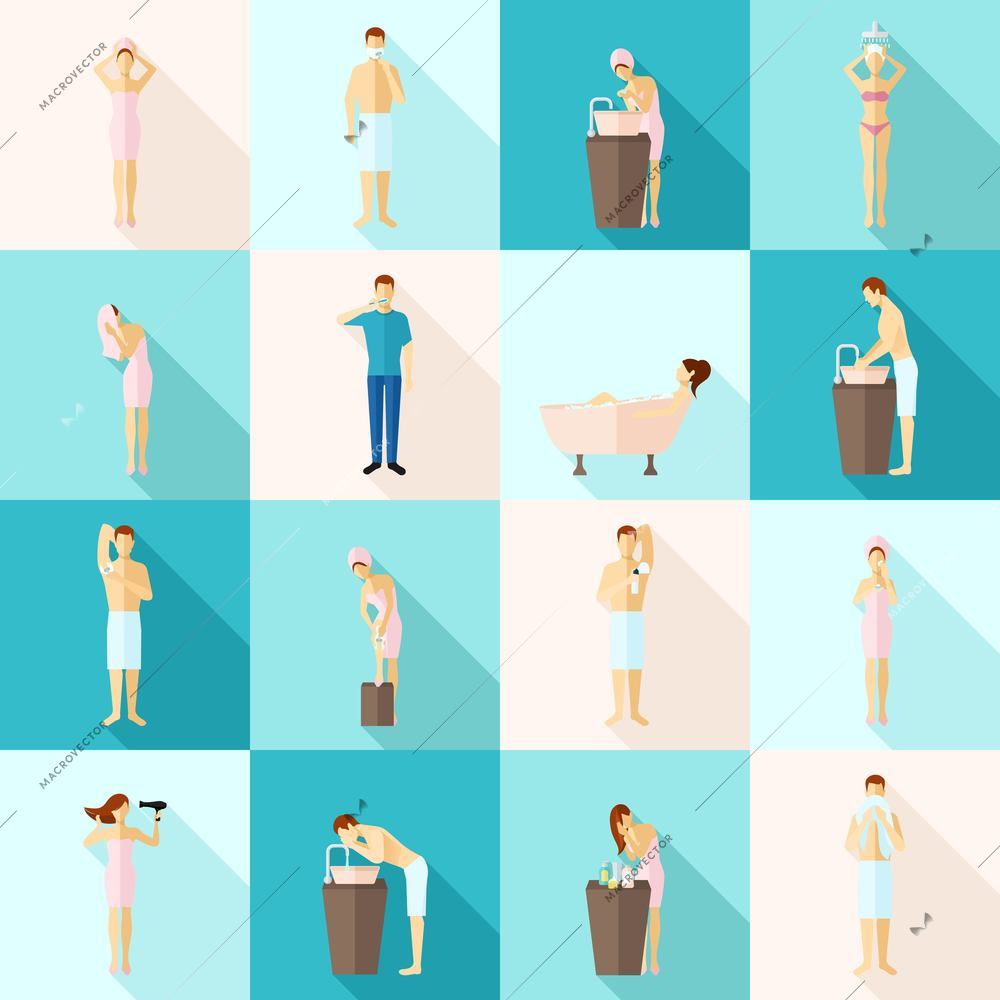 Personal hygiene and care colored flat long shadows icons set isolated vector illustration