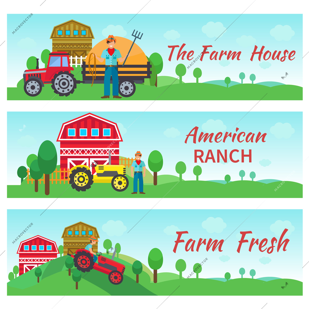Tractor driver banners horizontal set with farm house american ranch flat elements isolated vector illustration