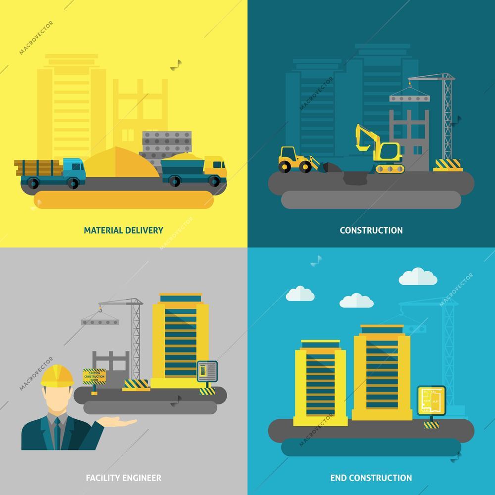 Construction design concept set with material delivery and facility engineer flat icons isolated vector illustration