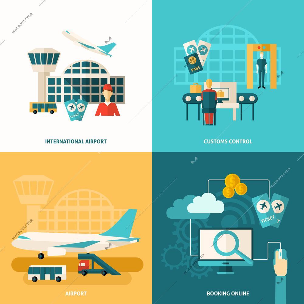 Airport design concept set with customs control and online booking flat icons isolated vector illustration