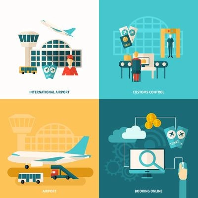 Airport design concept set with customs control and online booking flat icons isolated vector illustration