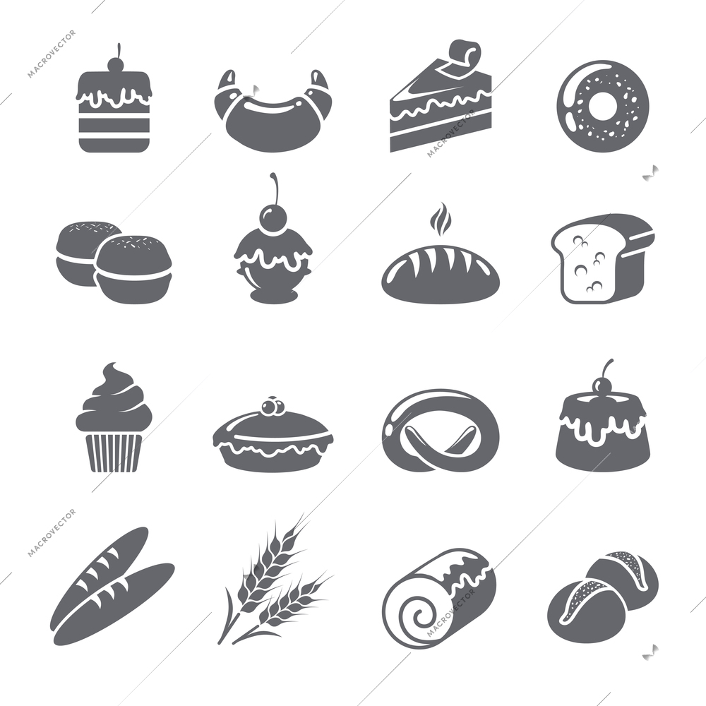 Baking icons black set with sweet cream pastry desserts isolated vector illustration