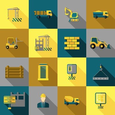 Construction and building industry icons flat long shadow set isolated vector illustration