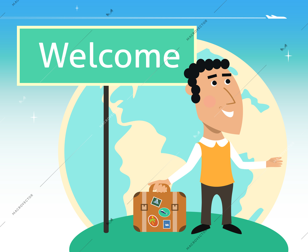 Vacation or business traveler character with suitcase and welcome sign vector illustration