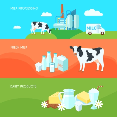 Milk farm dairy products flat horizontal banners set with cream yogurt and cheese abstract isolated vector illustration. Editable EPS and Render in JPG format