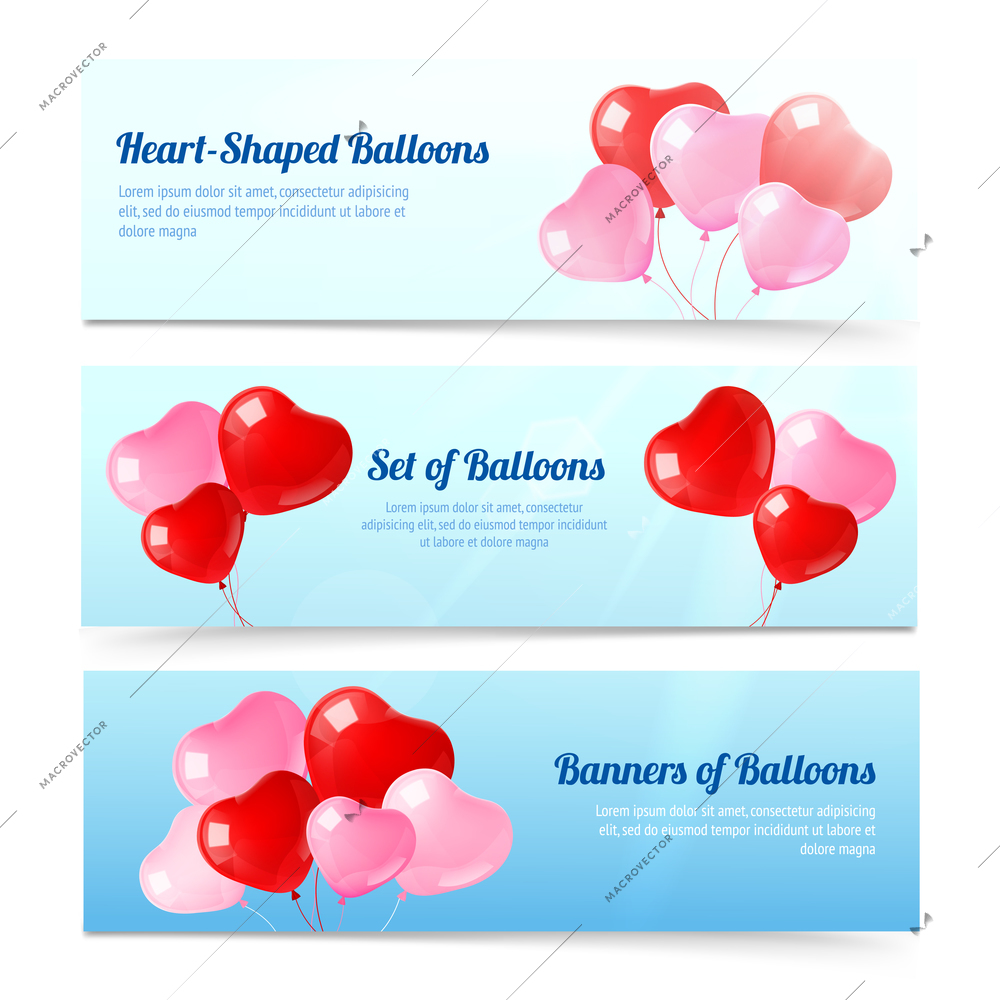 Valentine day party celebration heart shape red wedding balloon decoration horizontal banners set abstract isolated vector illustration