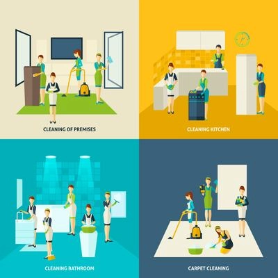 Kitchen bathroom and carpet cleaning design concept with woman figures flat icons set isolated vector illustration