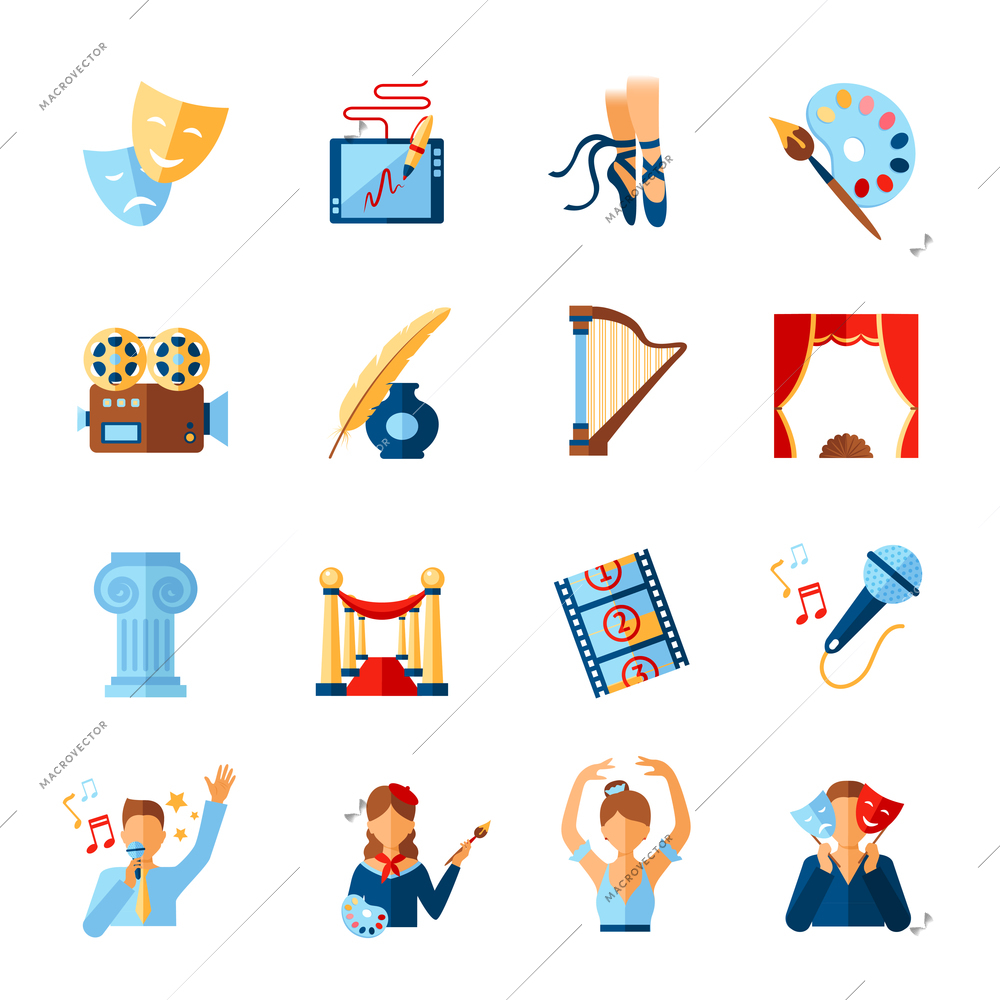 Art and culture icons set with theatre literature cinema symbols isolated vector illustration