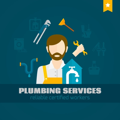 Plumber handyman with pipe repair tools flat icon vector illustration
