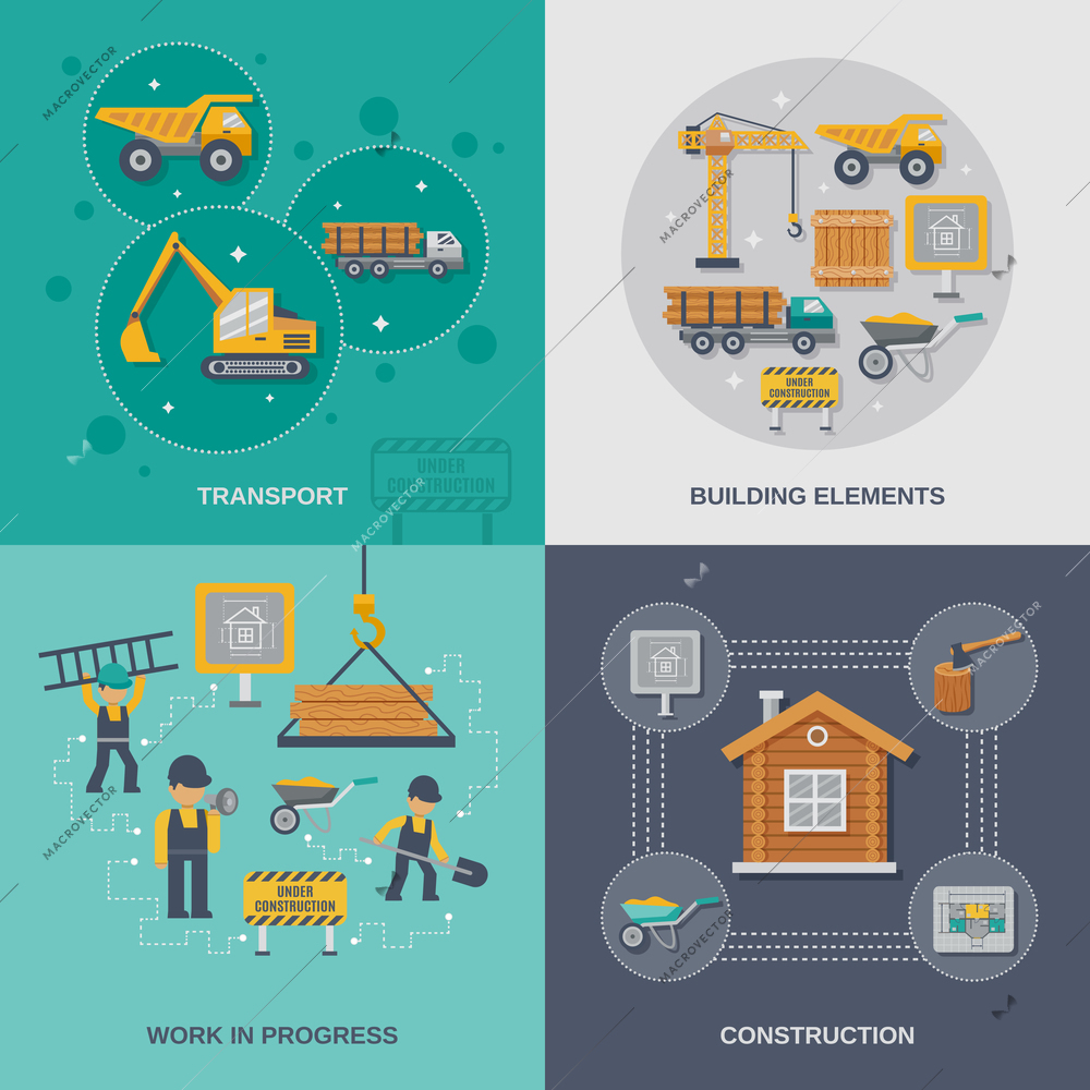 Construction design concept set with transport building work flat elements isolated vector illustration