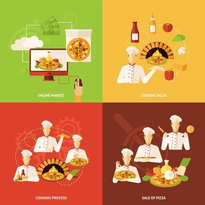 Full process of pizza order making and sale flat icons set isolated vector illustration