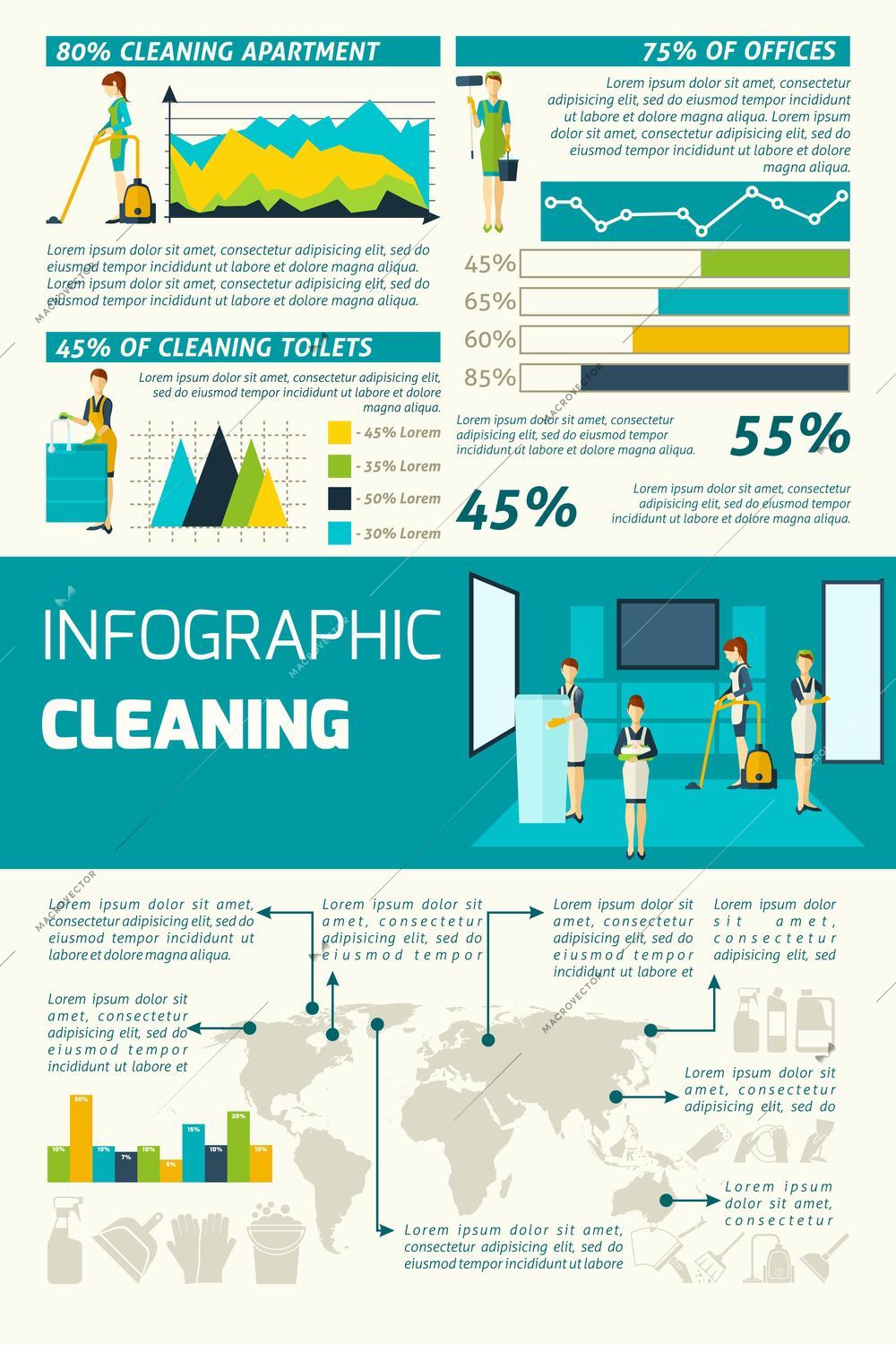 Cleaning in the offices apartments and rooms statistics flat color infographics set