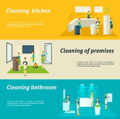 Premises kitchen and bathroom cleaning washing and wiping color flat horizontal banners set isolated vector illustration