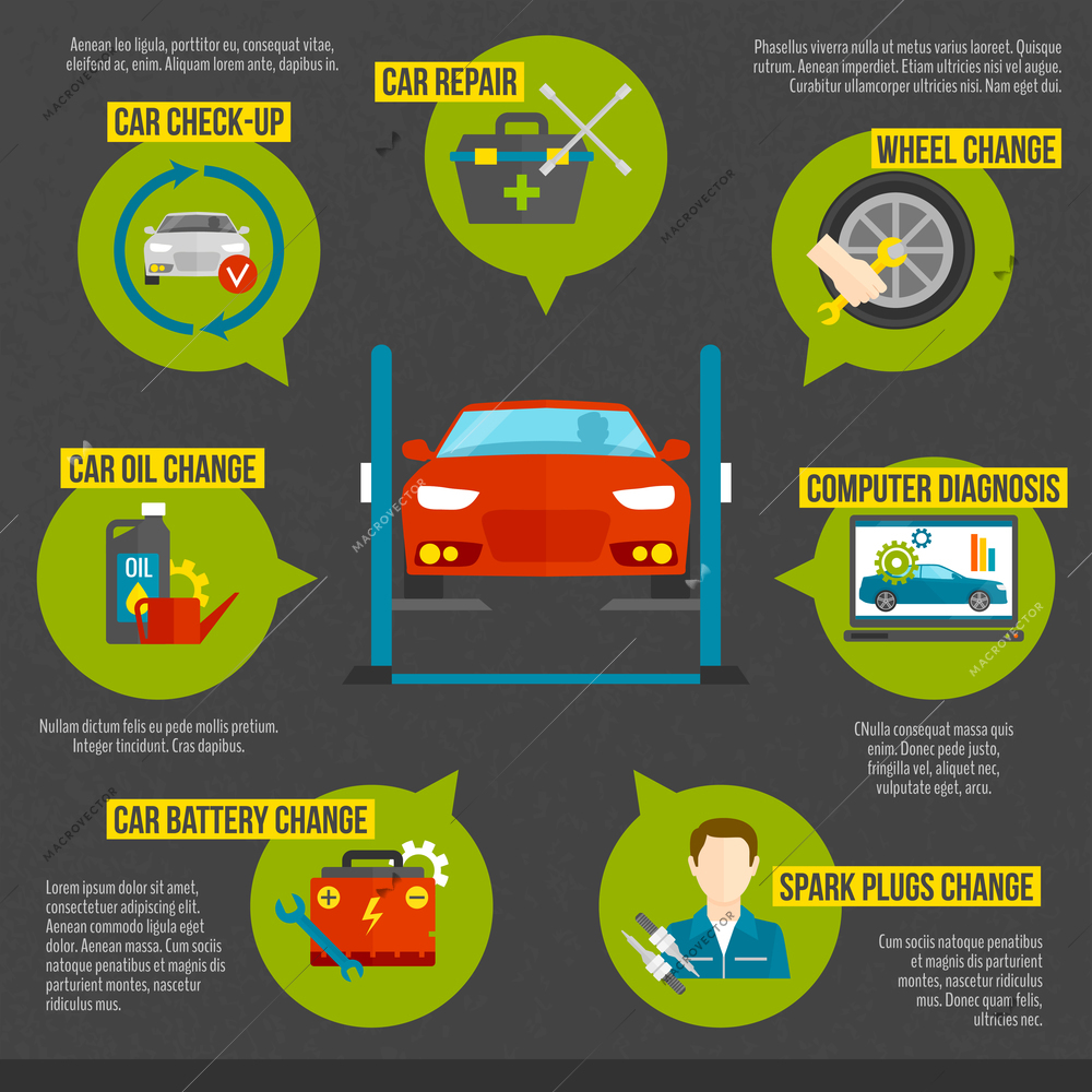 Auto mechanic infographics set with car repair work symbols set vector illustration