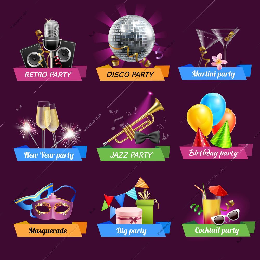 Party emblems set with retro disco jazz birthday celebrations realistic elements isolated vector illustration