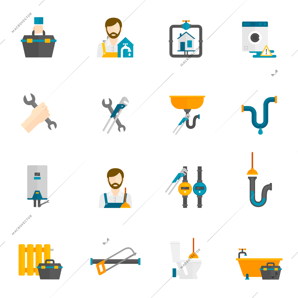 Plumber bathroom and toilet repair and maintenance flat icons set isolated vector illustration