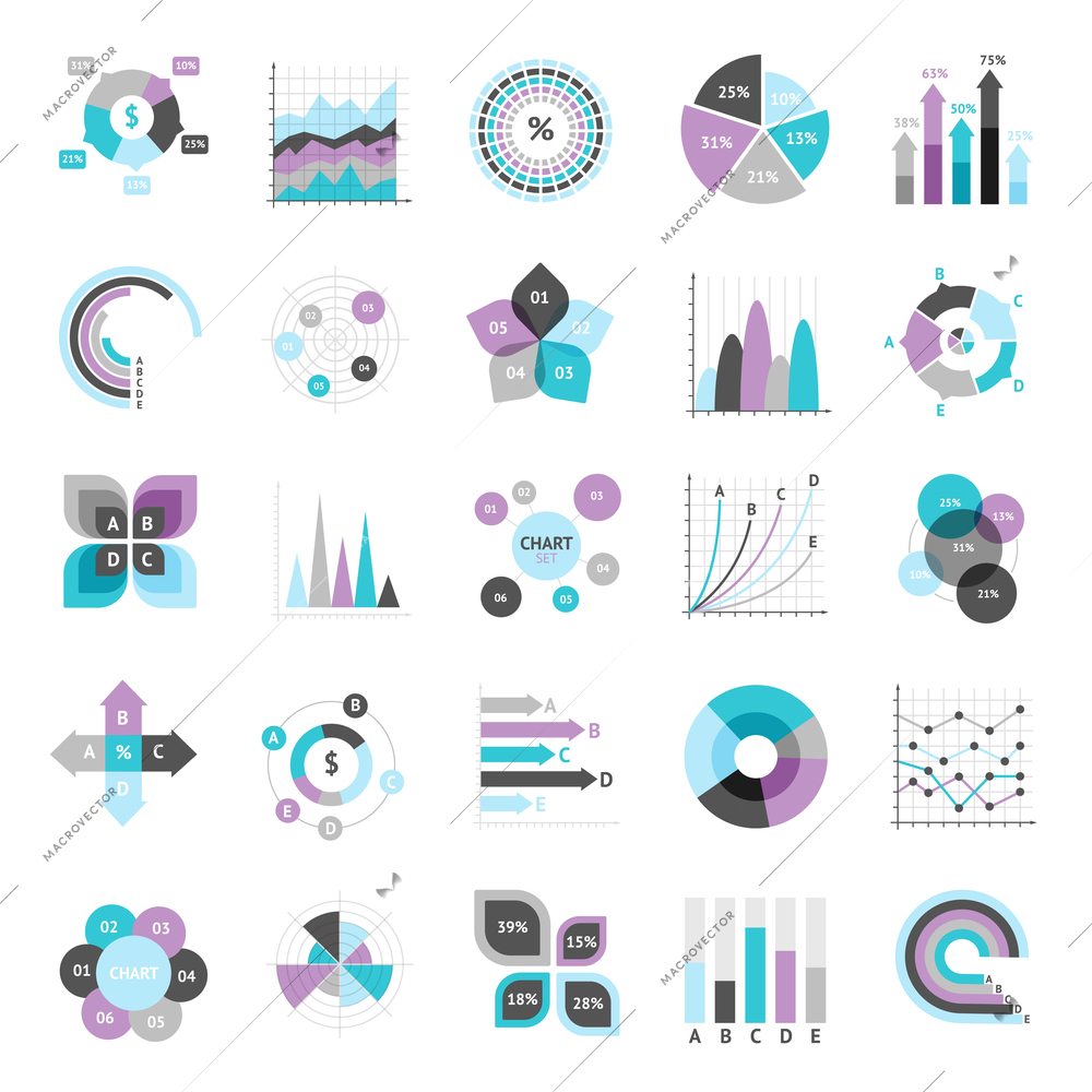 Business charts graphs and infographic elements icons set isolated vector illustration