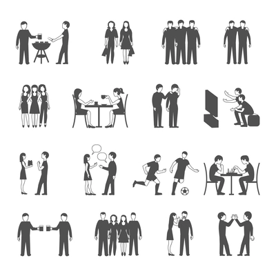 Colleagues friends and classmates groups sharing  free time activities concept black icons set abstract isolated vector illustration