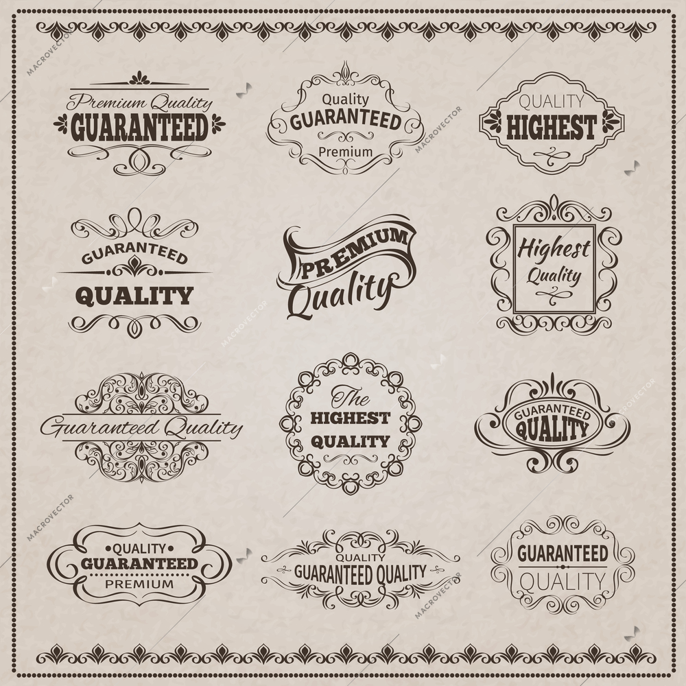 Premium quality guaranteed vintage emblems filigree calligraphic set isolated vector illustration