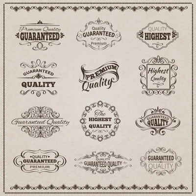 Premium quality guaranteed vintage emblems filigree calligraphic set isolated vector illustration