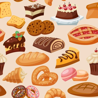 Pastry bakery and sweets chocolate snacks seamless pattern vector illustration