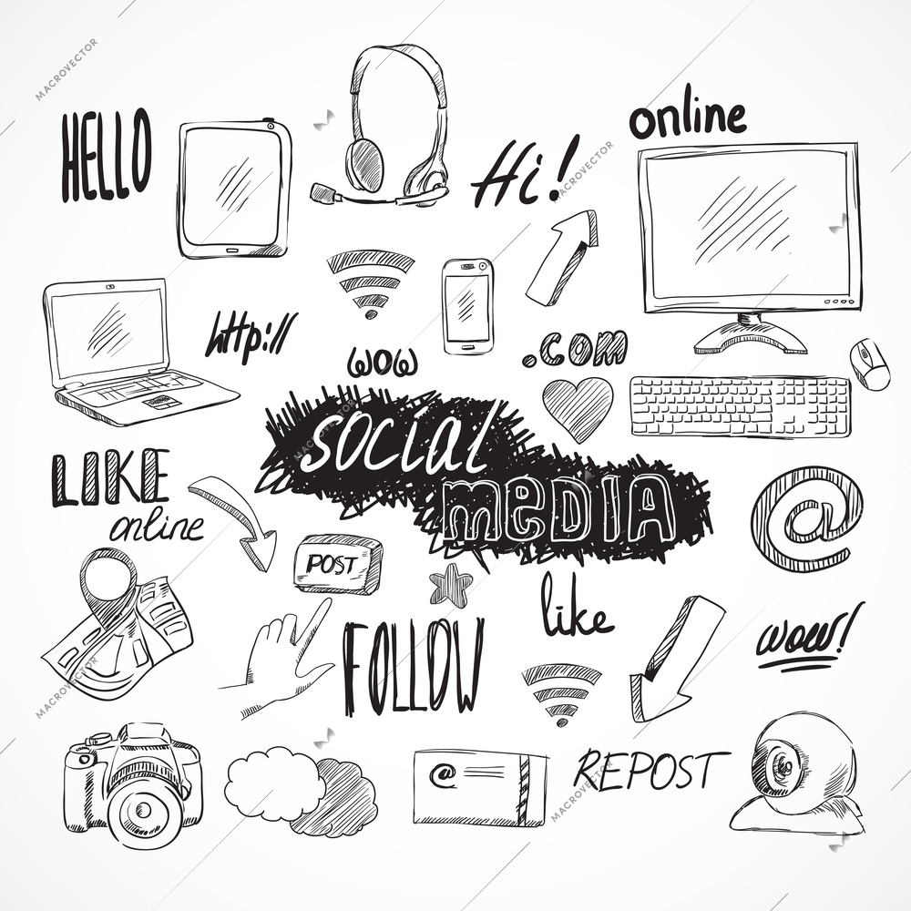 Doodle social media icons set of mobile applications for blog isolated vector illustration