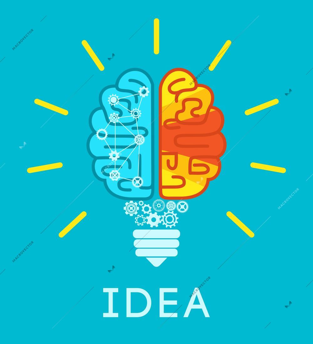 Idea concept with human brain in lightbulb shape flat vector illustration