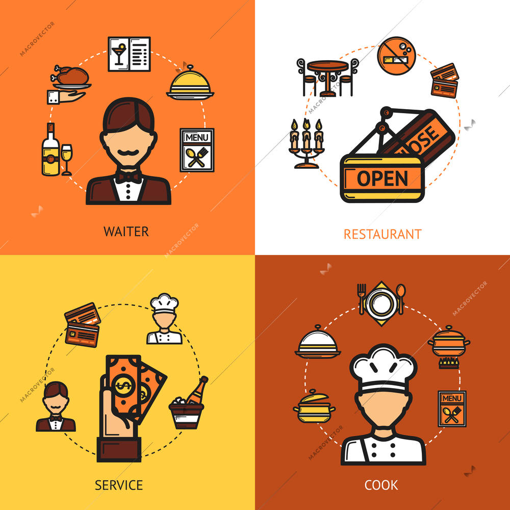 Restaurant design concept set with waiter service cook flat icons isolated vector illustration