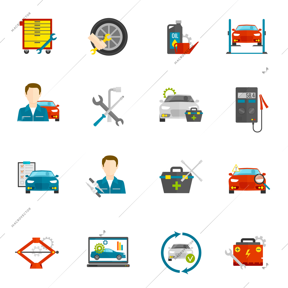 Auto mechanic and car repair flat icons set isolated vector illustration