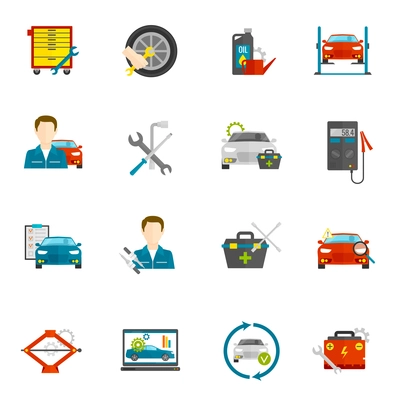 Auto mechanic and car repair flat icons set isolated vector illustration