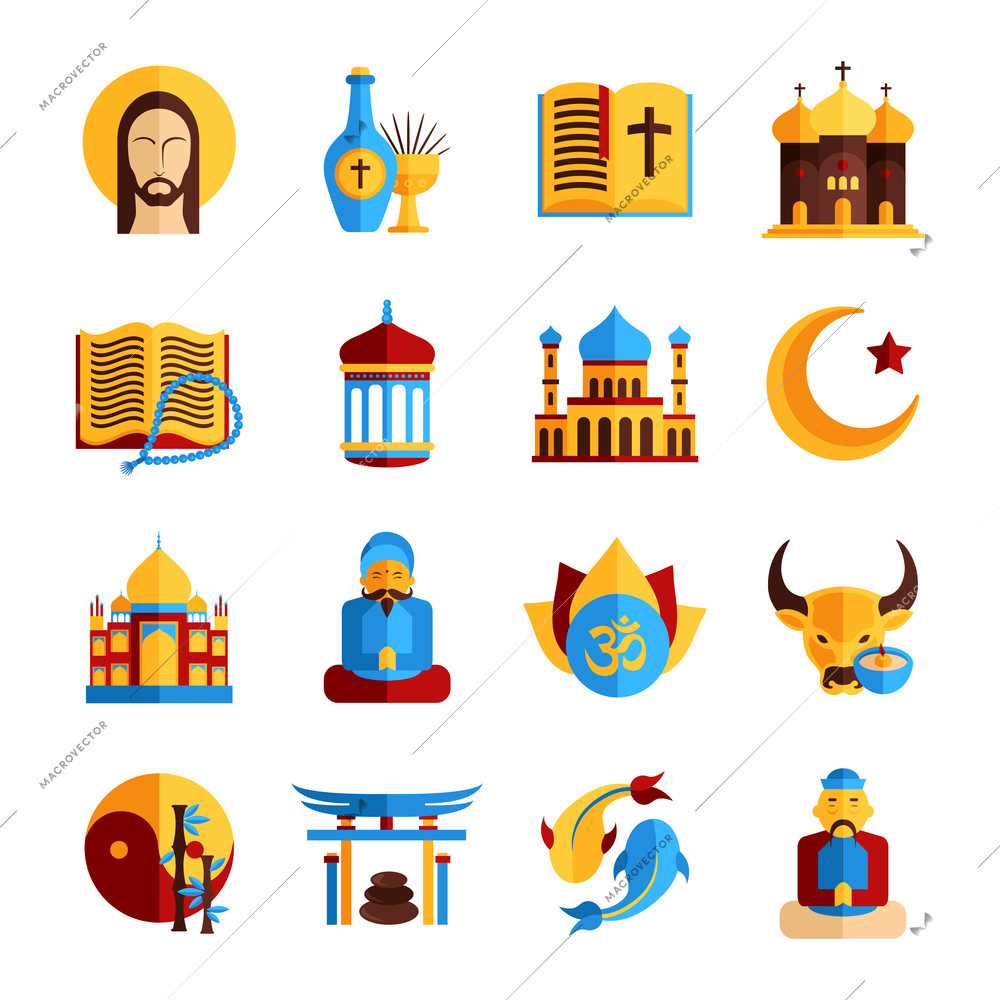 Religion icon set with christian islamic and oriental symbols isolated vector illustration