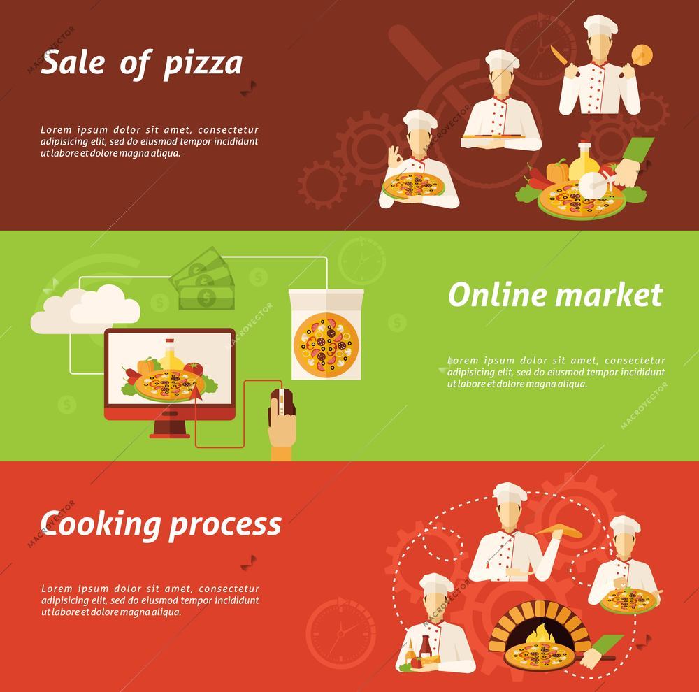 Complex of sale in online market and cooking process of pizza flat horizontal banners isolated vector illustration