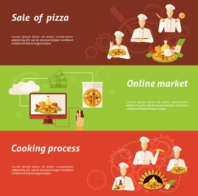 Complex of sale in online market and cooking process of pizza flat horizontal banners isolated vector illustration